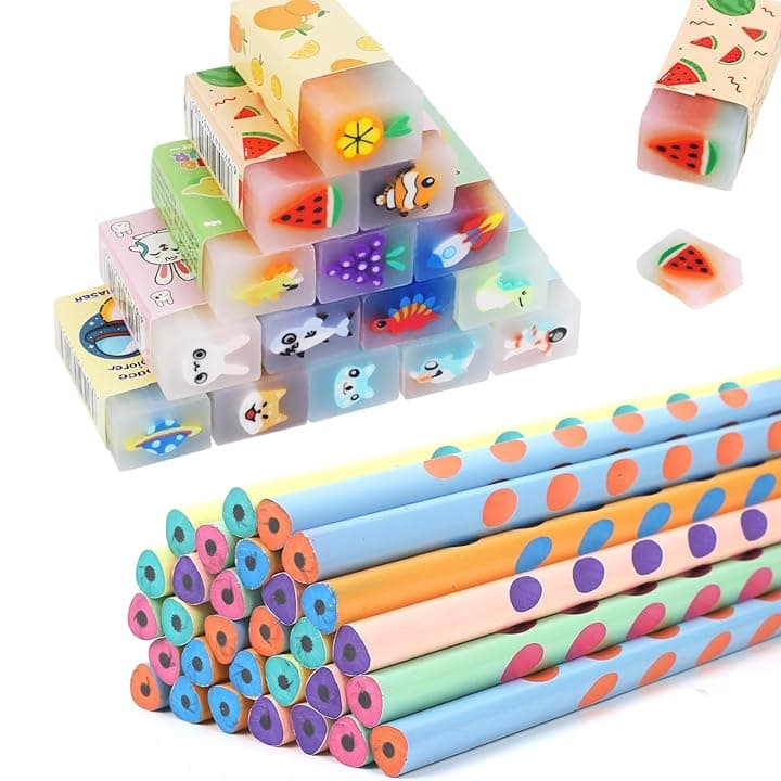Gudotra 60 pezzi Gadget Compleanno Bambini 30 Matite Bambini con 30 Gomme Cancellare Regalini Fine Festa Compleanno Matite Divertente