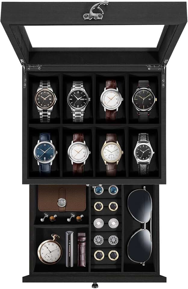 Uten Uten Scatola Porta Orologi a 8 Scomparti, 2 Livelli Porta Orologi Legno, Coperchio in Vetro, Cuscino di Seta, Fodera Nero, Idea Regalo, Catola Portagioielli per Orologi Uomo e Donna