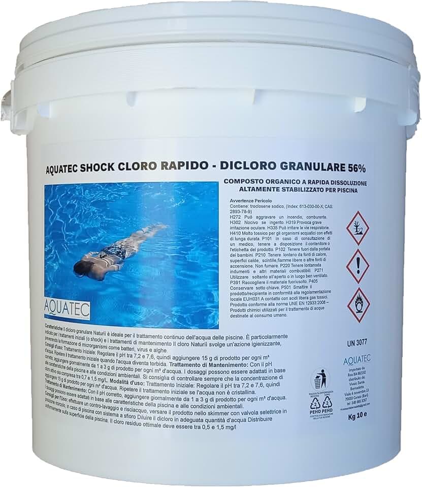 AQUATEC PLUS kg 10 Cloro per piscina rapido dicloro granulare 56% a Rapida Dissoluzione per Trattamento Shock e Mantenimento Acqua di Piscina