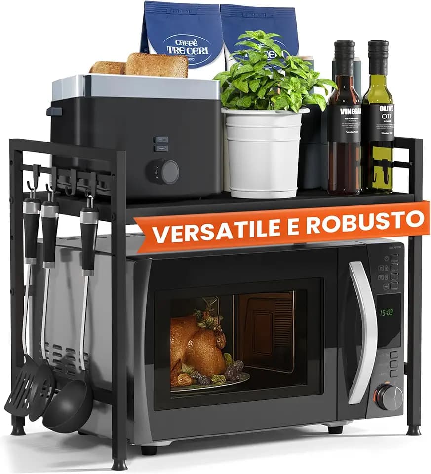 Mensola MobileCucina Salvaspazio Acciaio (2 Ripiani) | Organizer Forno Mobiletto Scaffali | Supporto Microonde Regolabile + Video Guida, Ganci – Nero