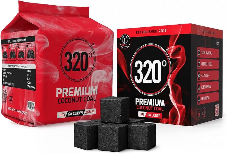 320° Carbone naturale di noce di cocco (26mm Cubes) per barbecue e narghilè, shisha, 1 kg