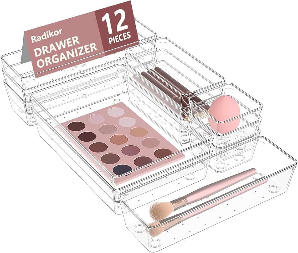 Organizer Cassetti 12 Pezzi, Contenitori per cassetti in Plastica Trasparente di 4 Dimensioni, Divisori per Cassetti Impilabili per Bagno, Cucina, Trucchi