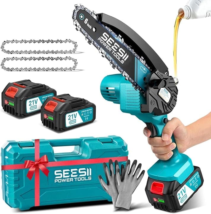 SEESII Mini Motosega a Batteria 8000mAh, 900W 6 Pollici Sega Elettrica per Potatura con Pompetta Olio e Catena di Ricambio, Motosega da Potatura per il Taglio del Legno Giardini, M6 Pro