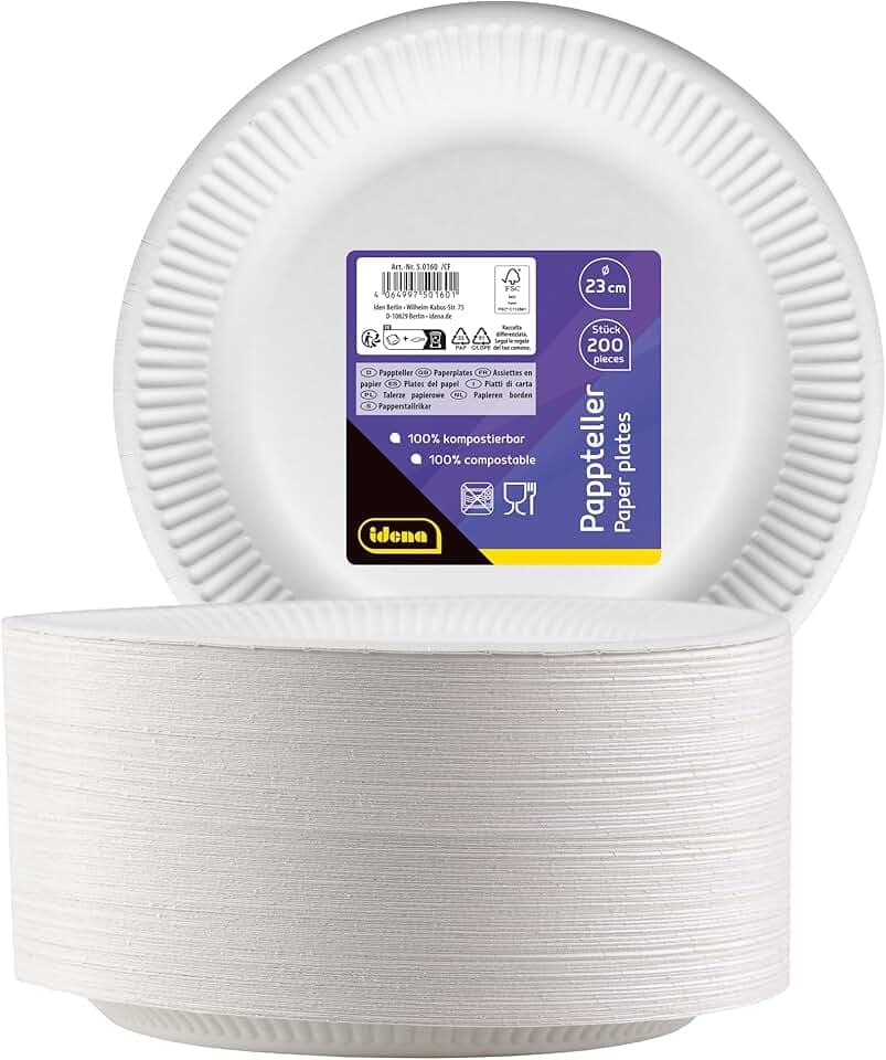 Idena 50160 - Piatto Party Bianco, 200 Pezzi,⌀ 23 cm, Certificato FSC, Piatto di Carta 100% compostabile, per Feste, Barbecue e Picnic