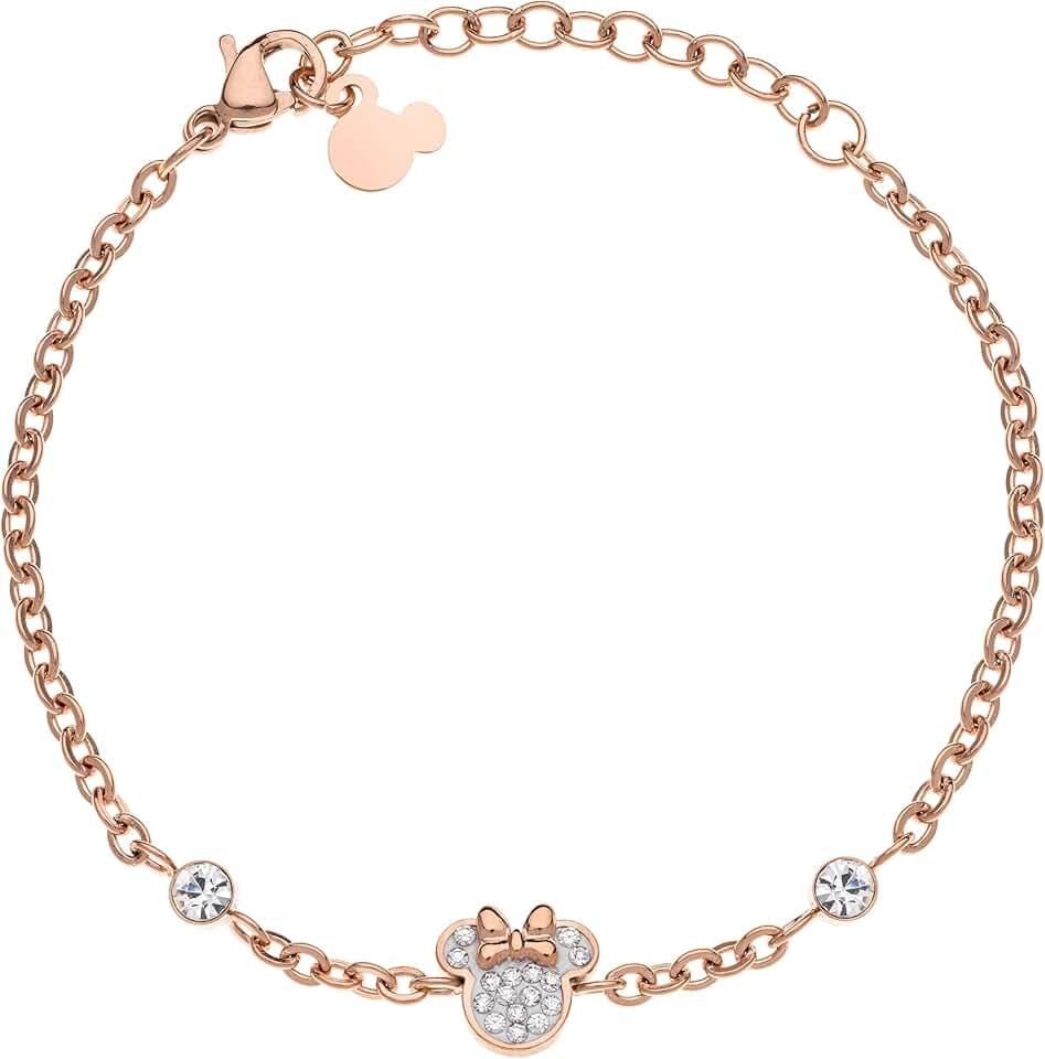 Disney Bracciale Minnie Mouse, Acciaio Inossidabile e Zirconi per Bambini e Bambine, Lunghezza 13-18 cm, Gioielli