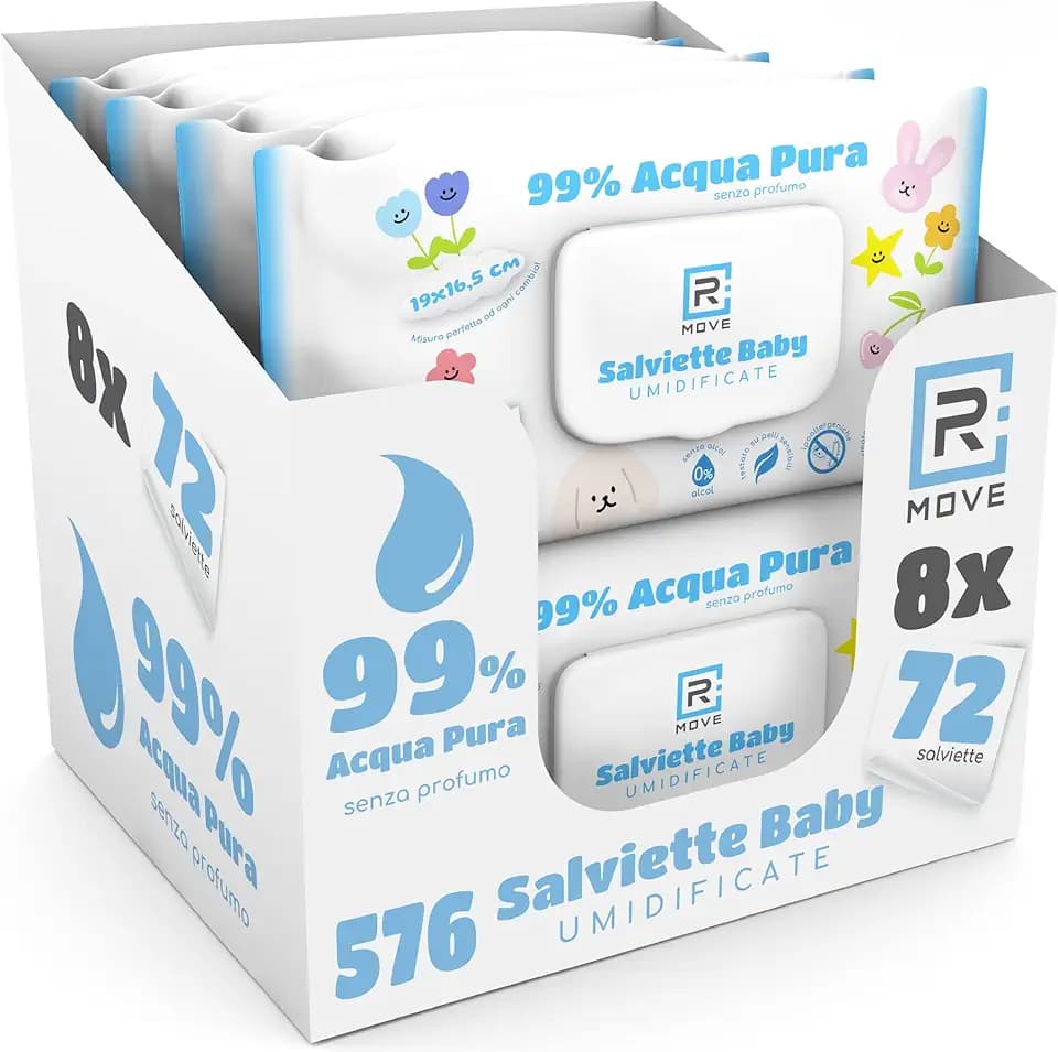 R MOVE 576 salviette neonato umidificate Acqua Pura 99%, 8 confezioni da 72 salviettine bambini Water, Coperchio Salvafreschezza, Idratanti, igienizzanti e rinfrescanti, mani e corpo (Acqua Pura)