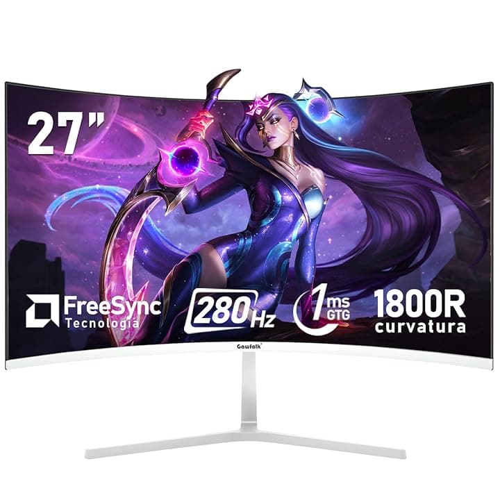 Gawfolk 27 pollici 280Hz curvo monitor per computer da gioco, 1800R,FHD 1080P, 98% sRGB, 1ms,FreeSync,178 ° grandangolo,HDMI、DisplayPort,Compatibile con il montaggio a parete 100 * 100mm - bianco