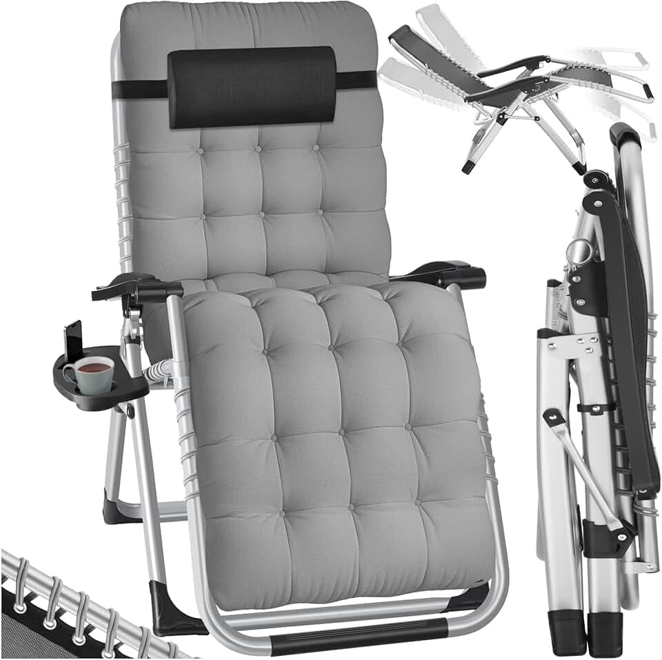 tectake® Sdraio da Giardino, Sdraio Lettino Prendisole Richiudibile, Sdraio Mare con Cuscino Poggiatesta, Tessuto Traspirante, Schienale con Regolazione Continua, Ripiano Portaoggetti - Grigio Chiaro