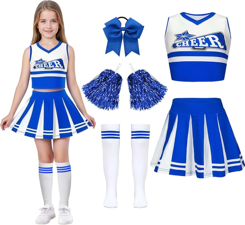 Luckyou Vestito Cheerleader Bambina Costume da Cheerleader Ragazze con Pompoms Calze Vestito Carnevale Bambina per Halloween Giornata Sportiva