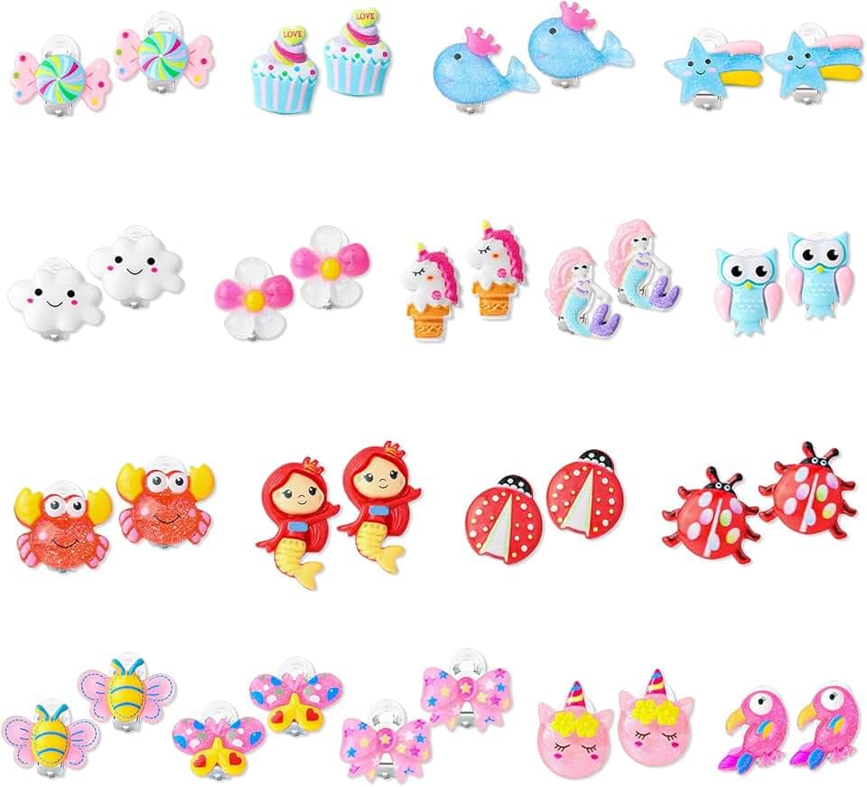 Hifot 18 Paia Orecchini a Clip per Bambina, Carino Animali Unicorno Sirena Gufo Orecchini Bambina Anallergici Gioielli Principessa Vestire per Ragazze Bambini