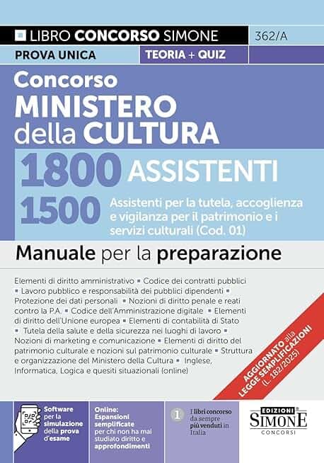Concorso Ministero della Cultura 1800 assistenti. 1500 Assistenti per la tutela, accoglienza e vigilanza per il patrimonio e i servizi culturali (Cod. 01). Manuale per la preparazione
