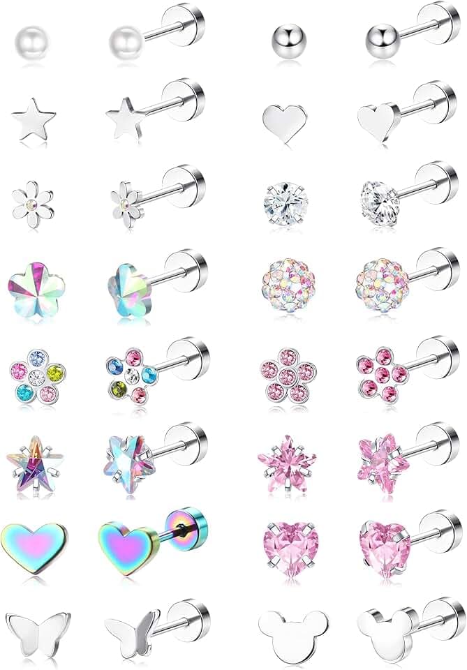 YADOCA 16 Paia Orecchini per Ragazze Bambini Acciaio Inossidabile 316L Ipoallergenico Perla Sfera Cuore Fiore Vite Retro Piatto Orecchini a Bottone Gioielli Regalo Donna Multicolore Rosa
