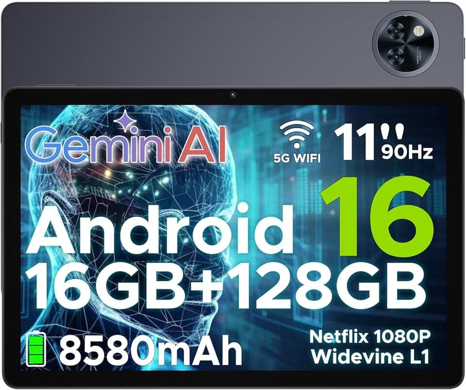 DOOGEE U11 Tablet Android 16, Tablet 11 Pollici, 16GB RAM + 128GB ROM/2TB TF, 8580Amh, 7.9mm Thin, T7200 Octa-core, 90Hz 13MP, Gemini AI, Support Face Unlock/GPS/Grigio