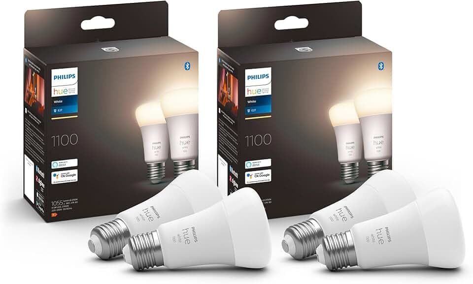 Philips Hue White 4 Lampadine Smart LED, Attacco E27, 9.5W, Luce Bianca, Dimmerabile, Controllo con Bluetooth e Hue App, Funziona con Alexa, Google Assistant e Apple HomeKit