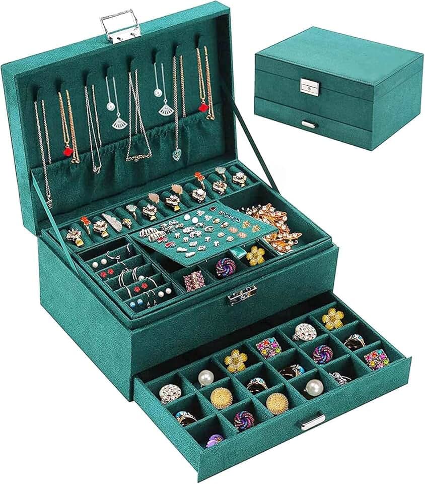 Withosent Withosent Porta Gioielli Donna 3 Livelli, Cofanetto Portagioie Scatola Porta Gioielli da Viaggio con Serrature, Grande Scatola Organizer per Anelli Bracciali Orecchini Collane (Verde Scuro)