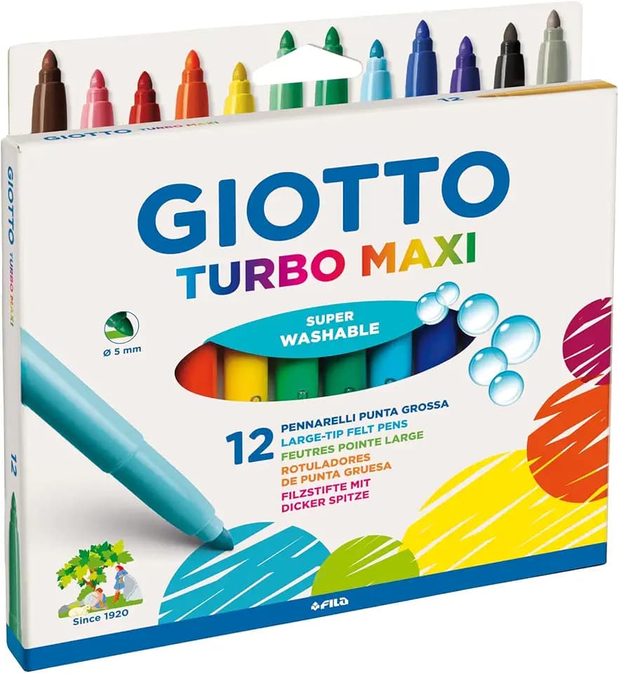 Giotto 454000 Turbo Pennarelli, Turbo Maxi Punta Larga, 5 mm, Confezione da 12, Assortiti