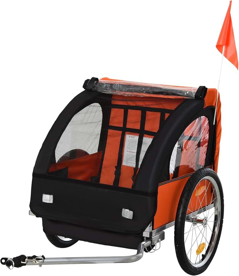 homcom Rimorchio Bici Bambini con 2 Posti, 2 Cinture di Sicurezza, Telaio in Acciaio e Copertura in Tessuto Oxford