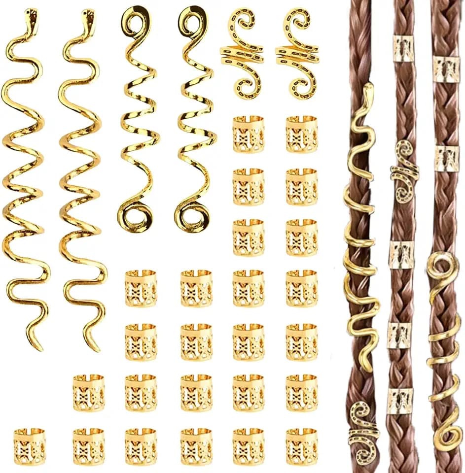 LUFFLOK 31 Pezzi Dreadlocks Trecce Clip, Oro Dreadlock Perline Clip a Spirale, Perline Dreadlock Treccia Accessori per Capelli, Regolabile Anelli Clips Per Uomini e Donne (Oro)