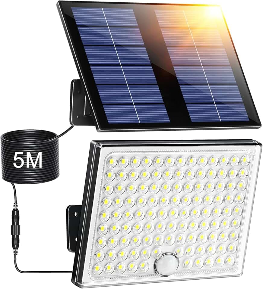 Faretto Led da Esterno Solare con Sensore di Movimento, Luce Solare Led Esterno con 113 LED 2000mAh 4 Modes IP65 Impermeabile, Luci Solari da Giardino con 5M Cavo, 1 Pezzo