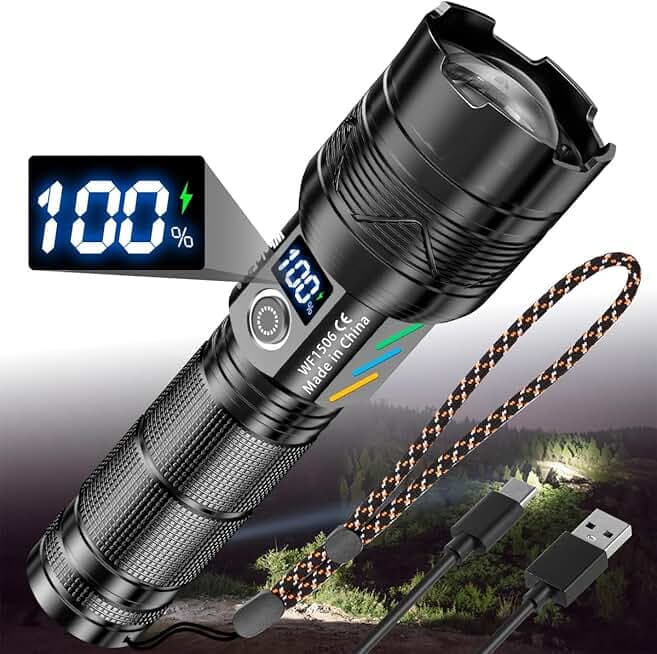 WholeFire Torcia LED ricaricabile, torcia LED estremamente luminosa 30000 lumen, torcia ricaricabile a batteria, IP65, impermeabile con 5 modalità di illuminazione, zoomabile per campeggio emergenze