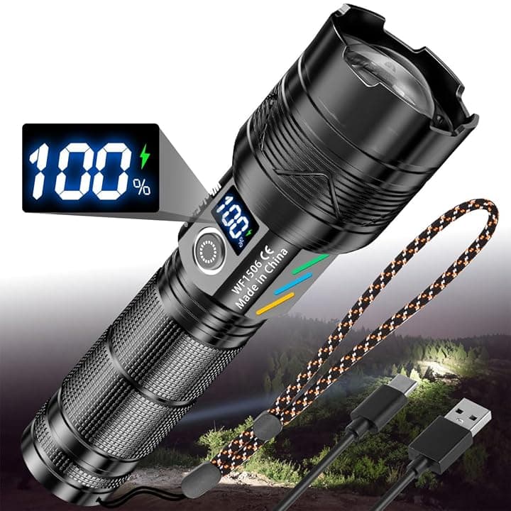 WholeFire Torcia LED ricaricabile, torcia LED estremamente luminosa 30000 lumen, torcia ricaricabile a batteria, IP65, impermeabile con 5 modalità di illuminazione, zoomabile per campeggio emergenze