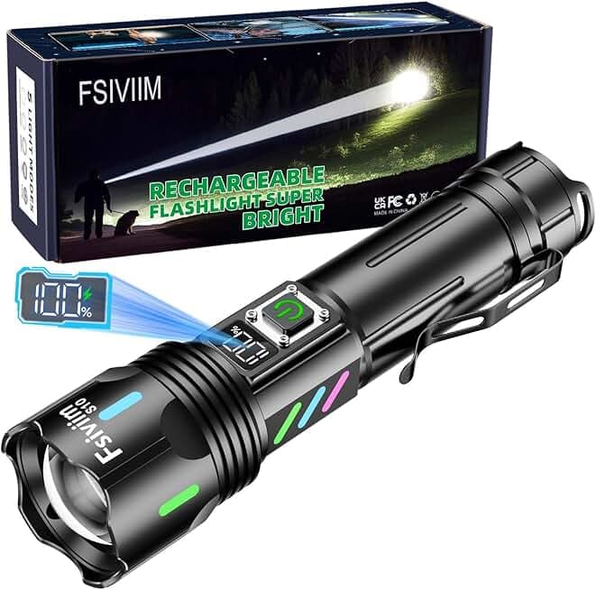 Torcia LED Potente Professionale, 1,000,000 Lumen Torcia Led Ricaricabile Potente, Torcia Ricaricabile USB, zoomabile, 5 modalità， Per Campeggio Trekking Emergenza