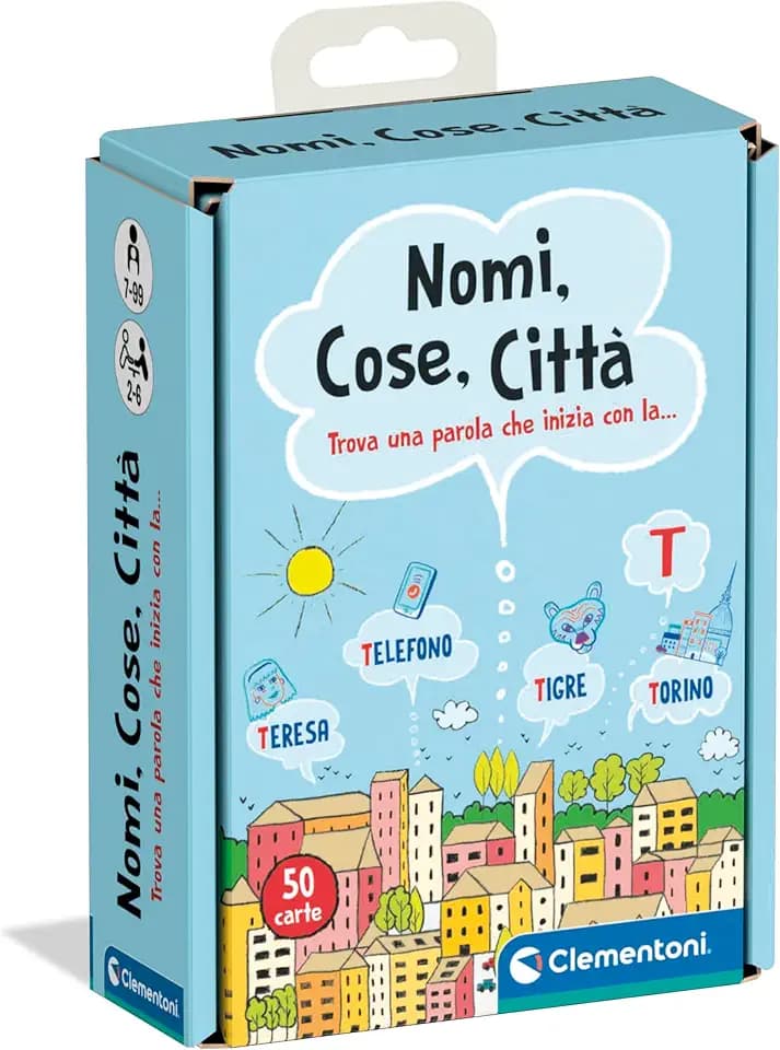 Clementoni - Nomi Cose e Città, Mazzo di 50 Carte su Parole e Categorie, per Bambini dai 6+ Anni e Tutta la Famiglia, 2-6 Giocatori, Idea Regalo Made in Italy, Lingua Italiana, 16563