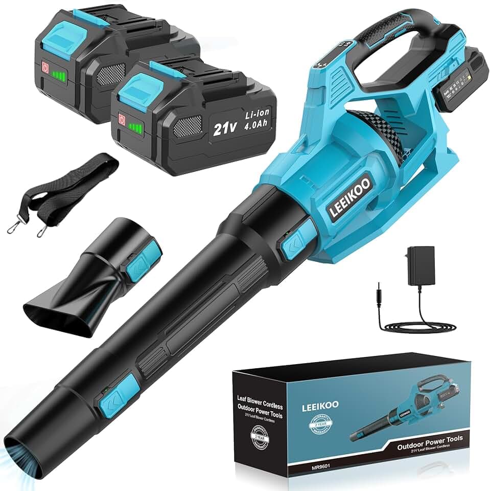 21V Soffiatore a Batteria, Soffiatore Foglie con 2 Batteria 4,0Ah, 3 Impostazioni di Velocità, 2 Tubi di Soffiaggio Staccabili, Cintura per Fango la Pulizia del Giardino
