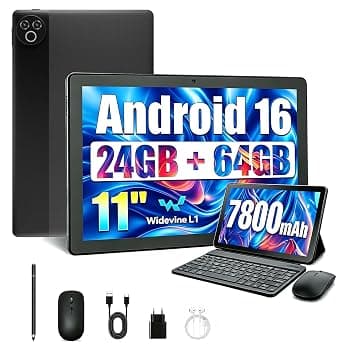 Tablet 11 Pollici Android 16 Tablet PC da 24 GB RAM 64 GB ROM 1 TB TF Espandibile IPS 1280x800 Batteria 7800 mAh Wi-Fi 6 BT 5.4 Custodia Tastiera Mouse Penna Cuffie (Nero)