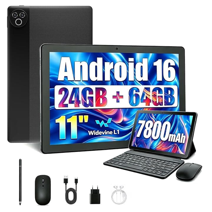Tablet 11 Pollici Android 16 Tablet PC da 24 GB RAM 64 GB ROM 1 TB TF Espandibile IPS 1280x800 Batteria 7800 mAh Wi-Fi 6 BT 5.4 Custodia Tastiera Mouse Penna Cuffie (Nero)