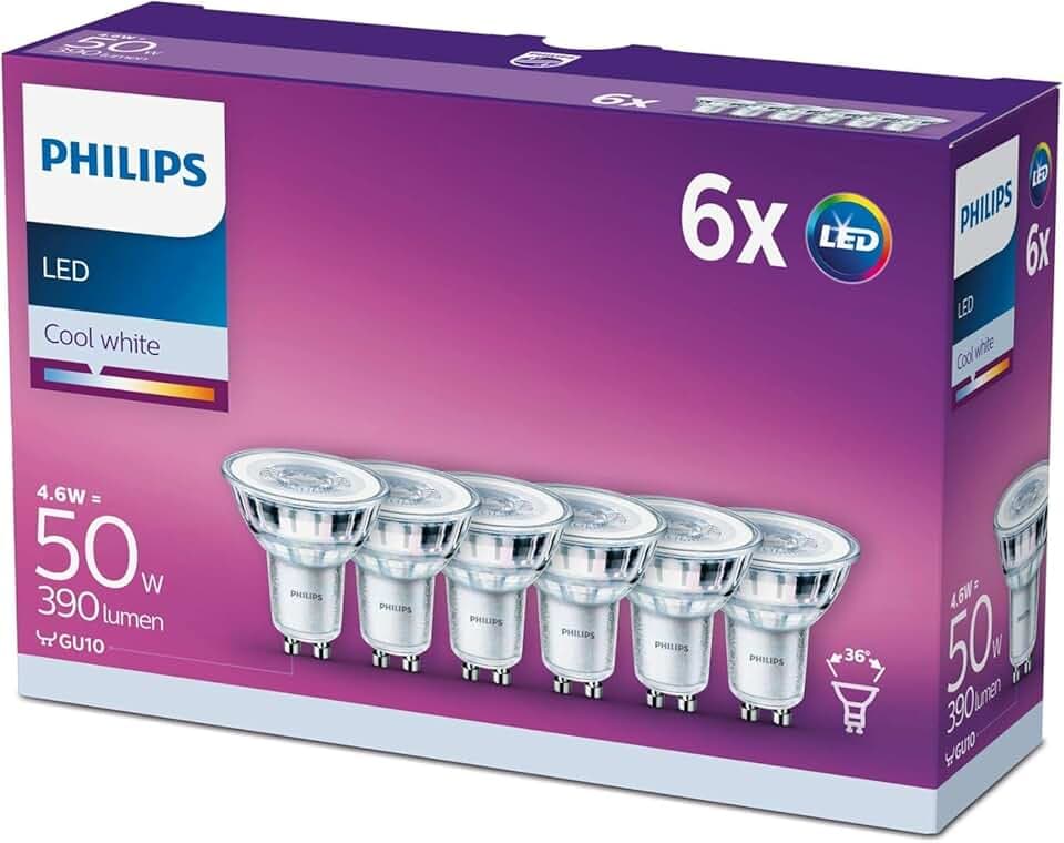 Philips LED, Faretto, 6 pz, equivalente a 50W, attacco GU10, Luce Bianca Fredda