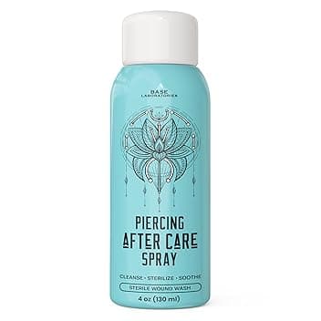BASE LABORATORIES Base Labs Soluzione Salina Piercing Spray | 120 ml | Spray Soluzione Fisiologica | Deterge, Sterilizza, Lenisce | Soluzione Salina Disinfettante Piercing | Trattamento Aftercare per Piercing | 120 ml