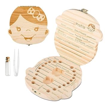 GeekerChip Scatola per Denti da Latte[Ragazza],Realizzata a Mano in Legno Durevole Denti Box Decidui Salva Ricordi di Ragazza[Versione Italiana]
