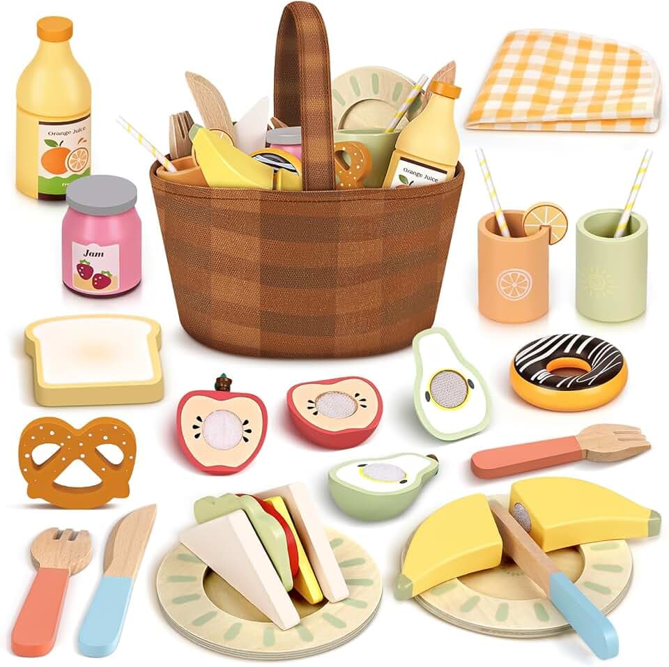 Dreamon Cibo Cucina Giocattolo per Bambini Legno, Accessori da Cucina in Legno Finto Set di Giocattoli da Picnic con Giocattoli da Taglio di Frutta e Verdura, Giochi di Ruolo Giocattoli Bambina 3