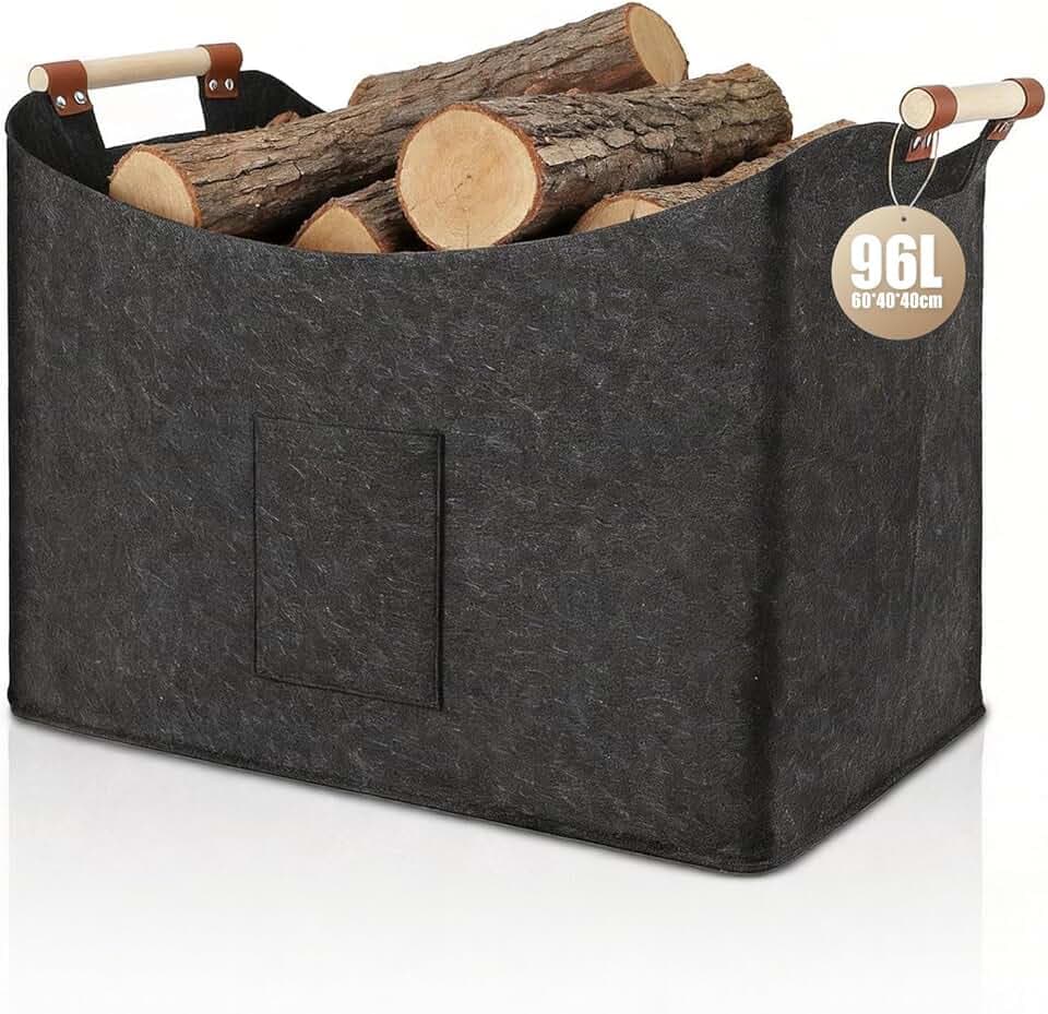 Cestino in Feltro 96L, Cesto per Legna, Cestino pieghevole per legna da ardere, in feltro extra spesso, manico rinforzato, per shopping, legno, giornali (1 Confezione - Grigio Scuro)