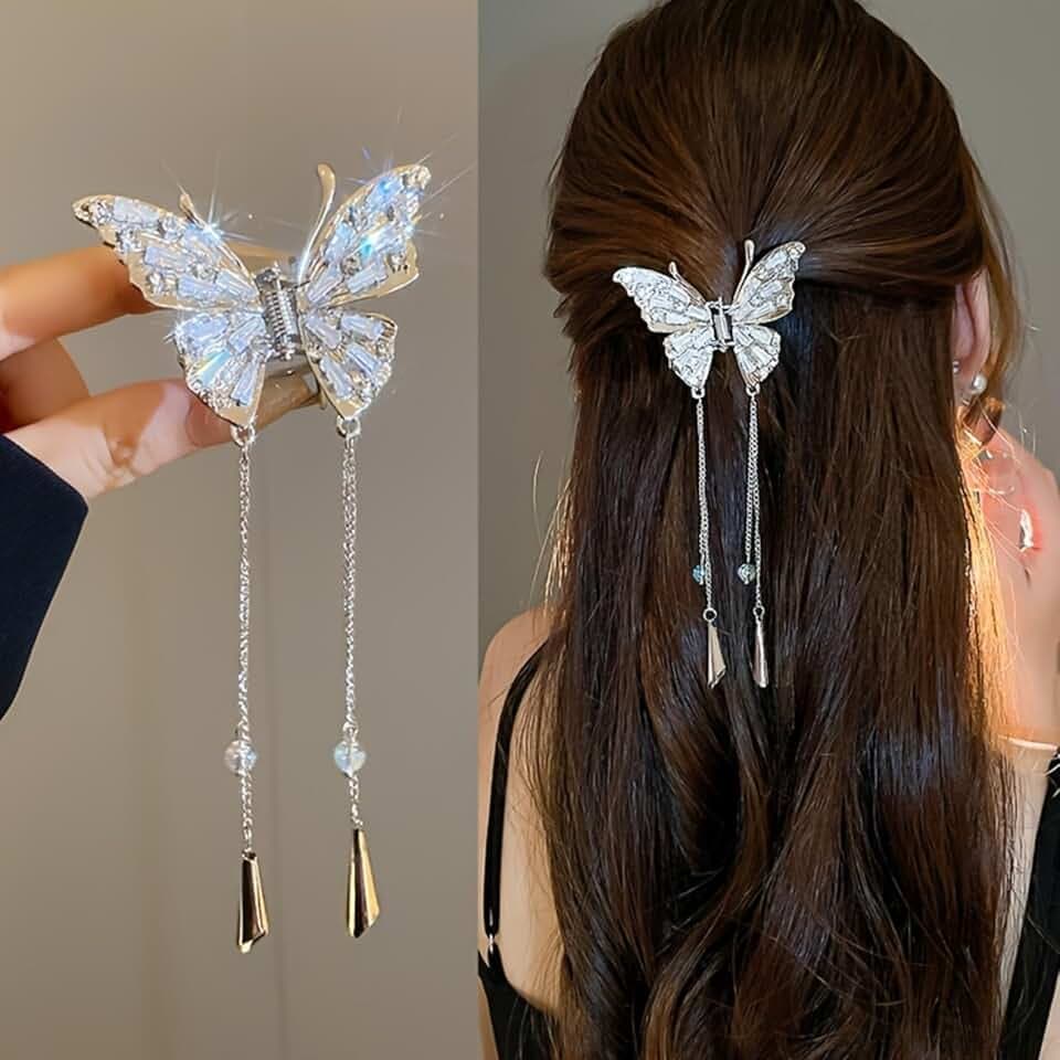 Generic Fermaglio per capelli a forma di farfalla con strass, fermaglio per capelli in metallo con cristalli scintillanti, elegante accessorio per capelli per donne e ragazze (dimensioni: 6,1 x 5 cm