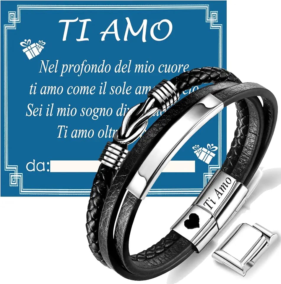 Gkmamrg Regali Natale San Valentino per lui Uomo Mariti Fidanzati – Bracciale da uomo in pelle con incisione Ti Amo, Regalo di compleanno per Uomo, 22.5cm, Pelle