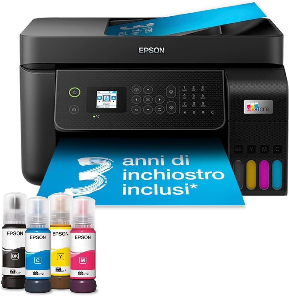 Epson EcoTank ET-4800 Stampante con Serbatoi D’inchiostro | Casa e Piccolo Ufficio | Wi-Fi Ed Ethernet | A4 | Stampa, Copia, Scansione, Fax | Display LCD 3.7 cm | ADF | 3 Anni D'Inchiostro Inclusi