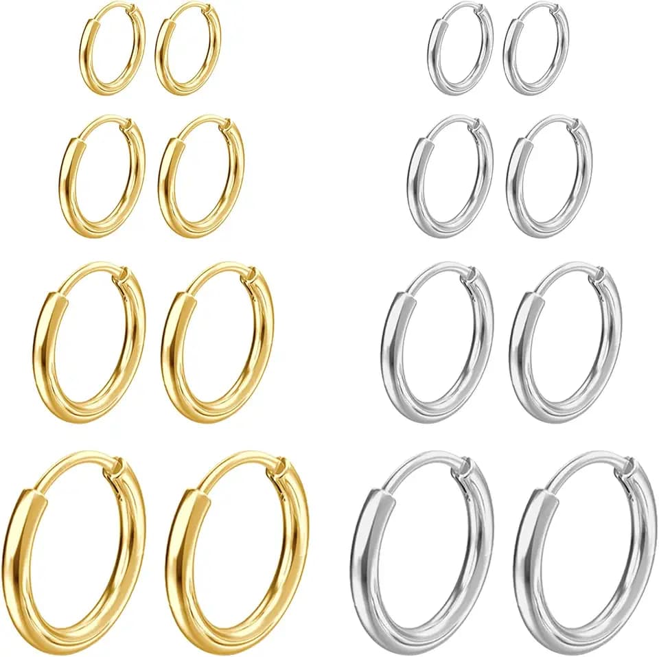 NHDDGR 8 Paia di Orecchini in Acciaio Inossidabile per Uomini e Donne, Piccoli Orecchini a Cerchio Chirurgici Orecchini da Uomo Ipoallergenici e Leggeri, Argento Donna e Oro 8-14mm