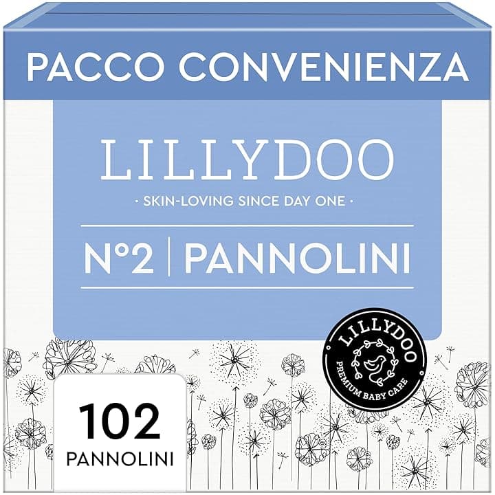 Pannolini LILLYDOO delicati sulla pelle - taglia 2 (4+ kg), pacco scorta (102 unità), protezione contro le fuoriuscite, morbidi, senza profumi & lozioni e dermatologicamente testati OEKO-TEX STANDARD 100