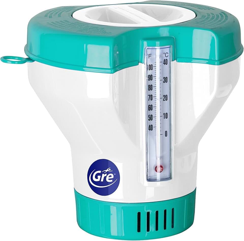 Gre 40070 - Dosatore Galleggiante con Termometro per il Trattamento Chimico delle Piscine. Disinfezione e Pulizia dell'Acqua della Piscina. Per Pastiglie da 20 a 500 g