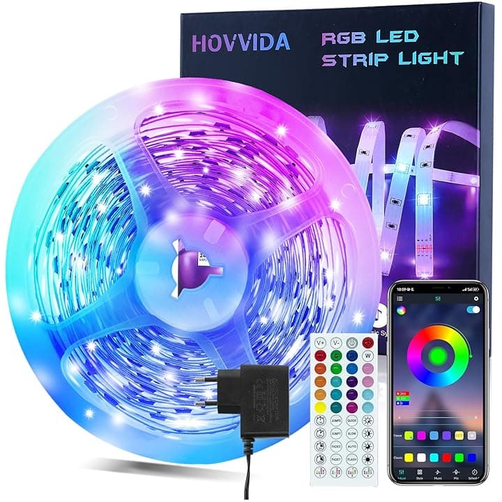 HOVVIDA Striscia LED 10m, 30 LED/Metro, 1x10m, 24V RGB LED, 300 LED, APP e Telecomando, Modalità Musica, LED per Camera, Soggiorno, Cucina, Camera da Letto, Bar, Festa Etichetta Energetica