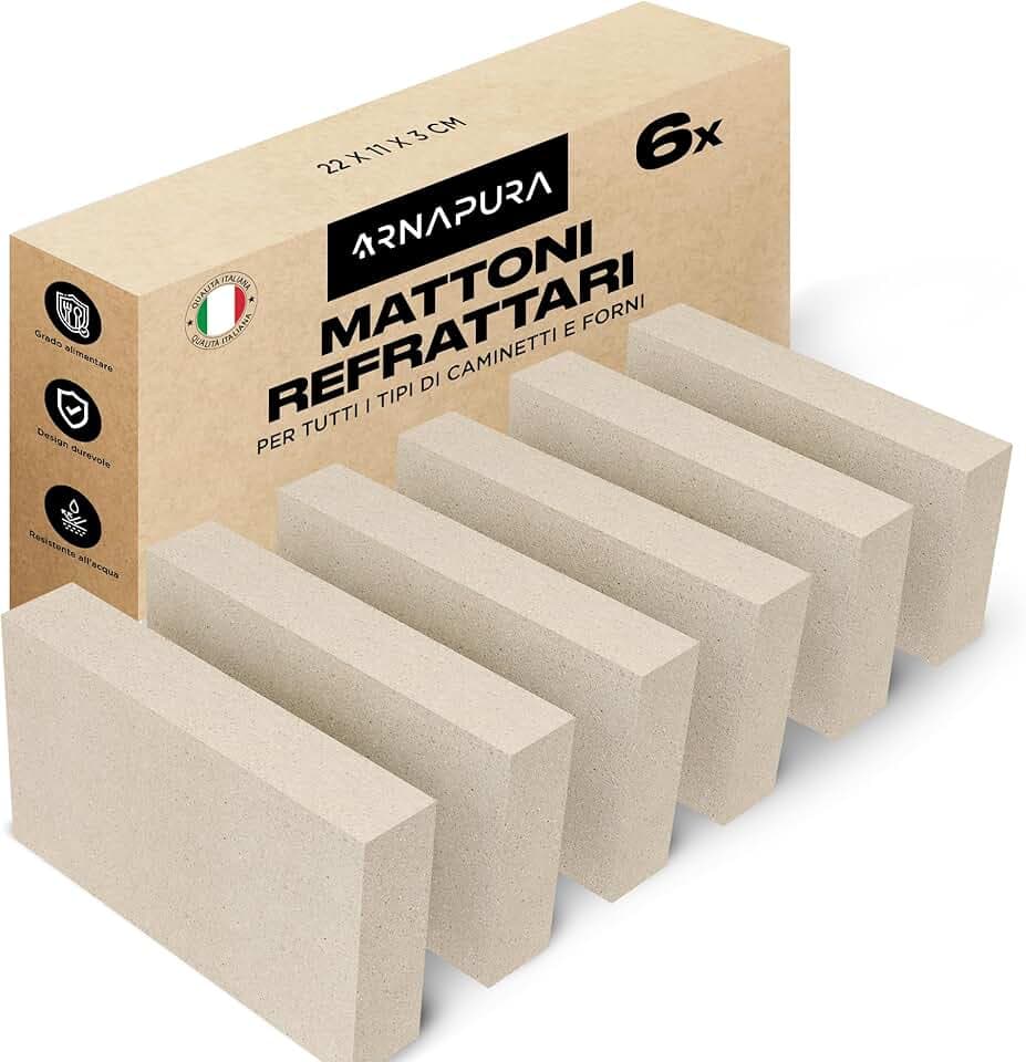 Pack 6 Mattoni Refrattari 22 x 11 x 3 cm | Realizzati in Argilla Refrattaria | Mattoni Refrattari per Forno a Legna Perfetti per Camini, Forni e Barbecue