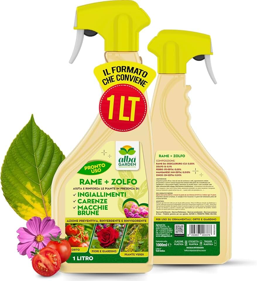 Albagarden - Rame + Zolfo Spray - Effetto Fungicida per Piante - MAXI x 1L - Concime Potente per Piante Contro le Malattie - Per Ingiallimenti, Carenze, Macchie Brune, Oidio, Peronospora