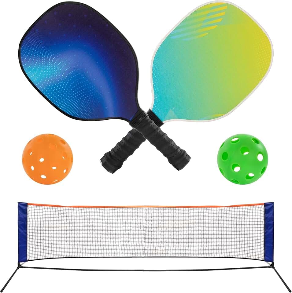 Idena 40253 - Set da Pickleball con 2 Racchette, Rete con Supporto (302 X 80 Cm), Palla da Internoe Palla da Esterno