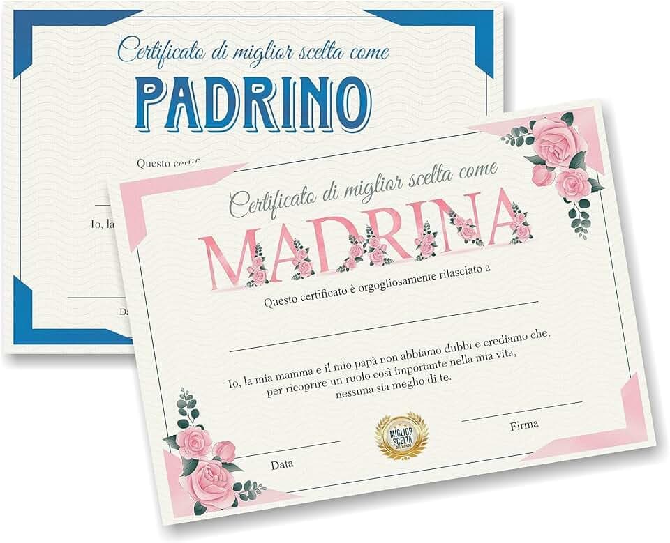 Certificato di miglior scelta come MADRINA e PADRINO. Vuoi essere la mia madrina e il mio padrino. Idea regalo battesimo bimbo bimba. Personalizzato compilando con nome data firma. Sorpresa originale.