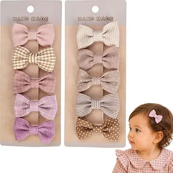 Set 10 Fermagli per Capelli Bambina, Fiocchi Fatti a Mano in Cotone e Lino, Mollette con Clip Completamente Foderata per Neonate e Ragazze, Rosa e Cammello, Set da 10 pezzi