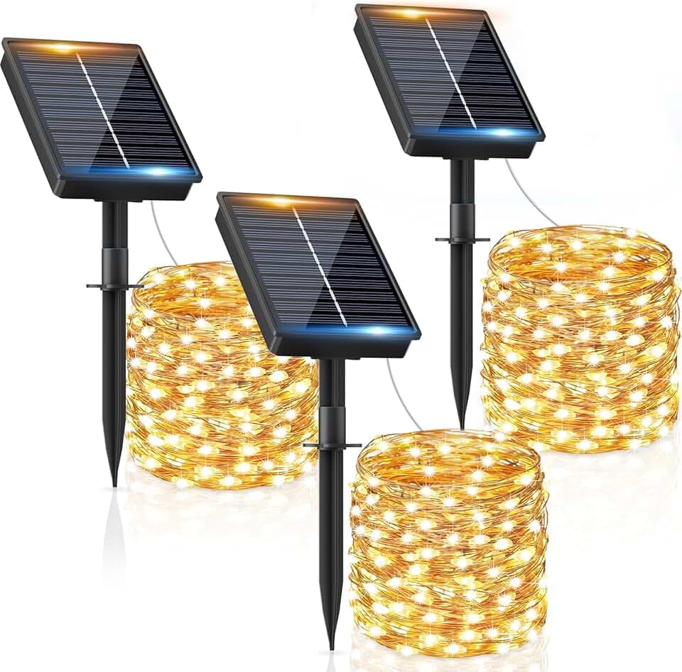 Luci Solari Esterno【3 Pacchi】12+2M 120LED Luci Solari da Giardino IP65 Impermeabili Bianco Caldo 8 Modalità, Catena Luc Solar Esterno Decorative Giardino Albero Patio Terrazze Festival Matrimoni