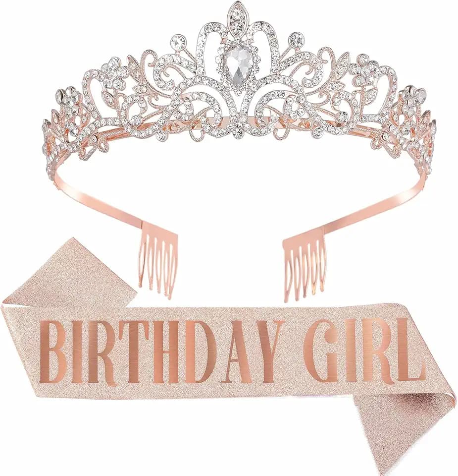 Dimetey Set Tiara e Fascia per Compleanno con Strass per Ragazze e Donne, Decorazione con Fascia per Tiara (Oro Rosa)