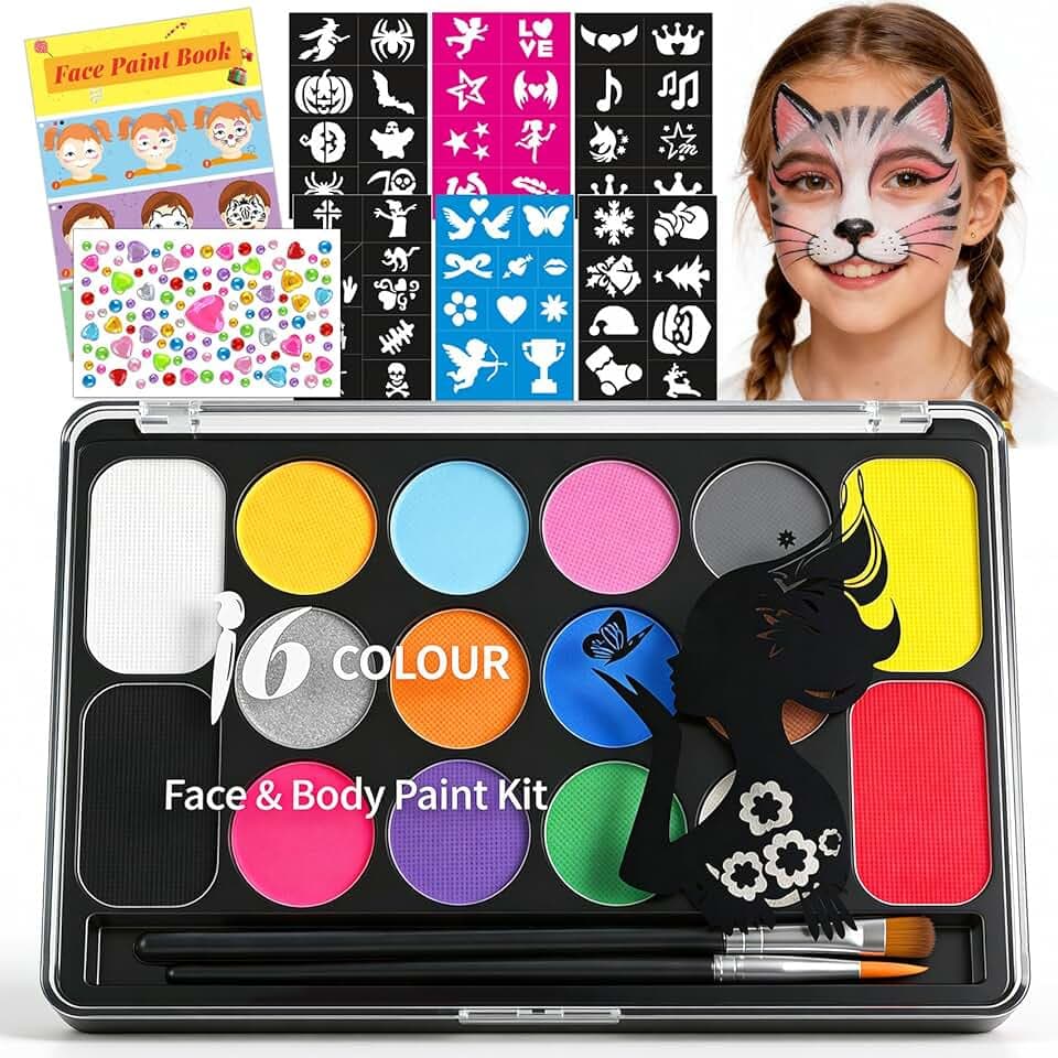 Truccabimbi Kit - 16 Colori Trucco Viso Bambini con 4 Colori Grandi, 52 Stencil e 1 Adesivo con Strass, Truccabimbi set Anallergici Atossici Body Painting per Halloween Carnevale Cosplay